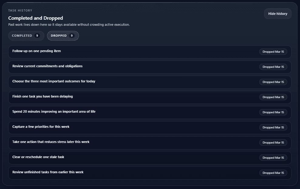 Outcomes OS task history interface