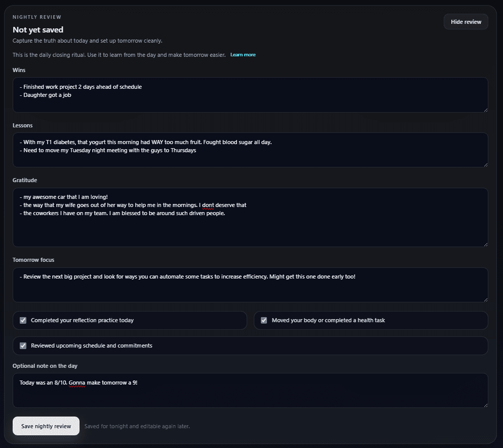 Outcomes OS nightly review interface